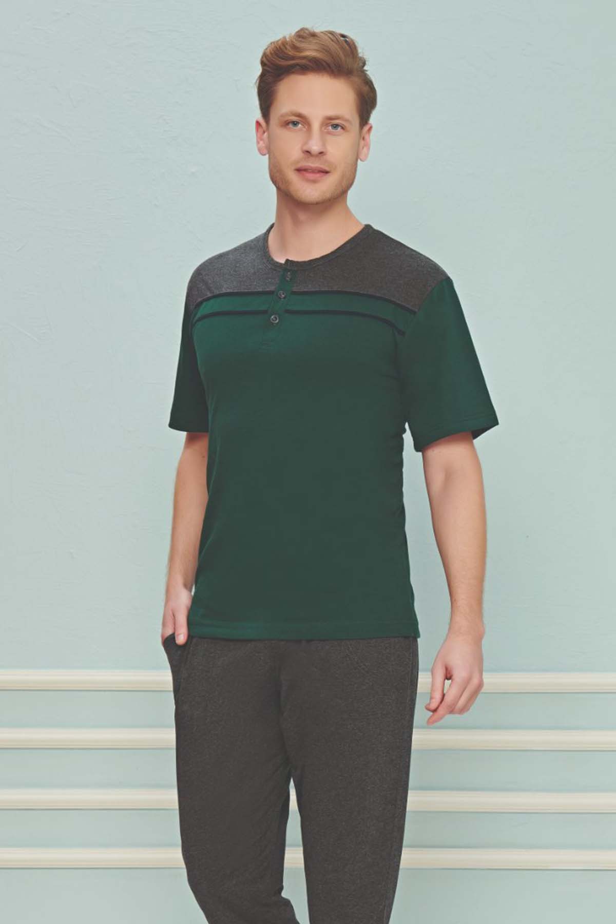 Fapi Erkek Pijama Takımı Kısa Kollu Üç Düğmeli Omuz Desenli Süprem Kumaş - Nefti Yeşili - Thumbnail