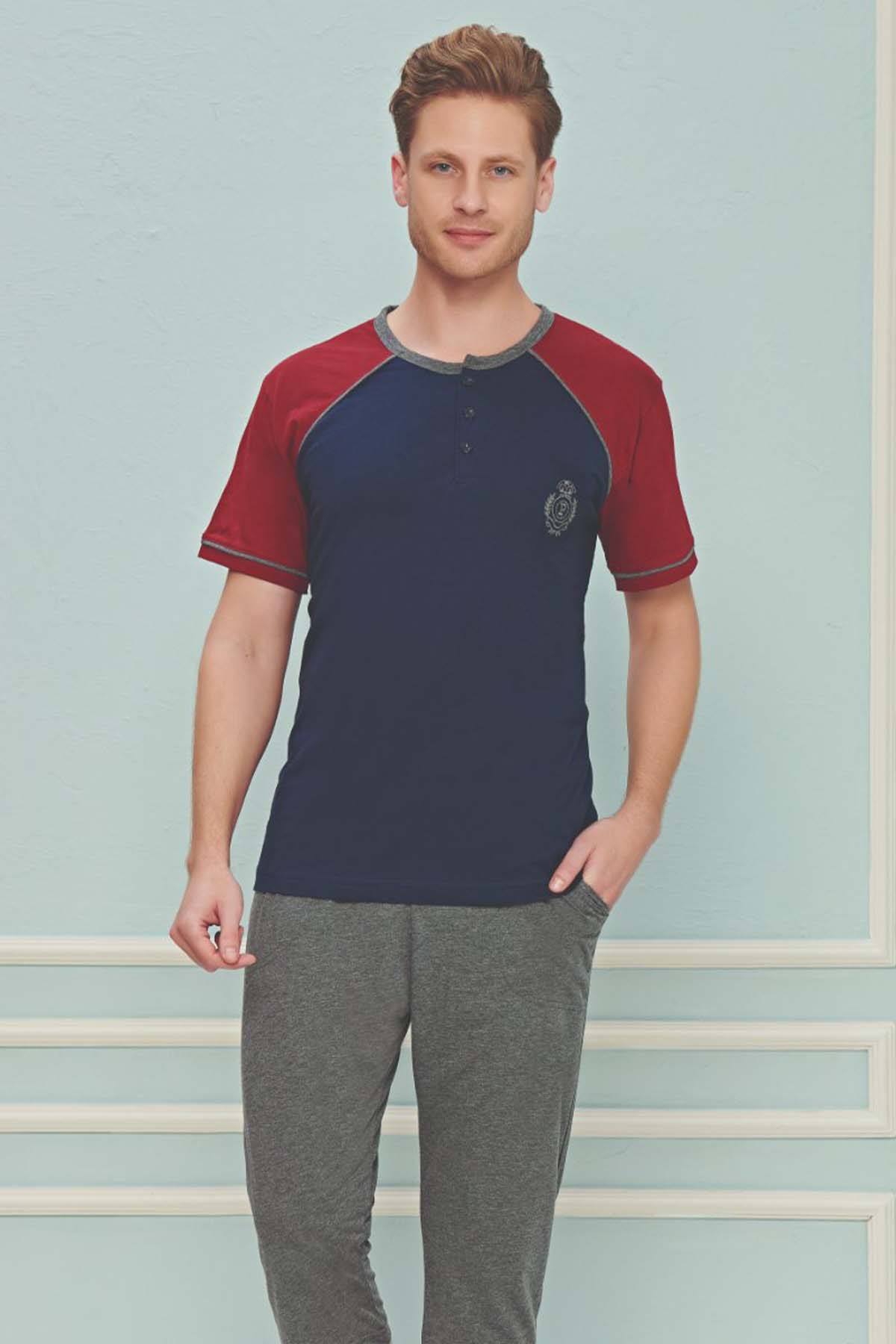 Fapi Erkek Pijama Takımı Üç Düğmeli Büyük Beden Süprem Kumaş - Lacivert - Thumbnail