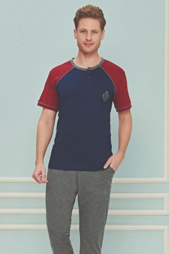 FAPİ - Fapi Erkek Pijama Takımı Üç Düğmeli Büyük Beden Süprem Kumaş - Lacivert