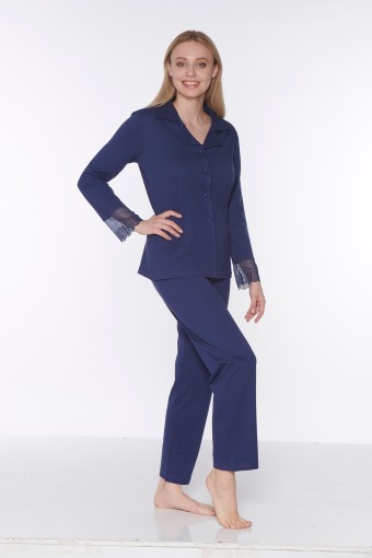FAPİ - Fapi Kadın Pijama Takımı Uzun Kollu Dantelli Kolucu - Lacivert