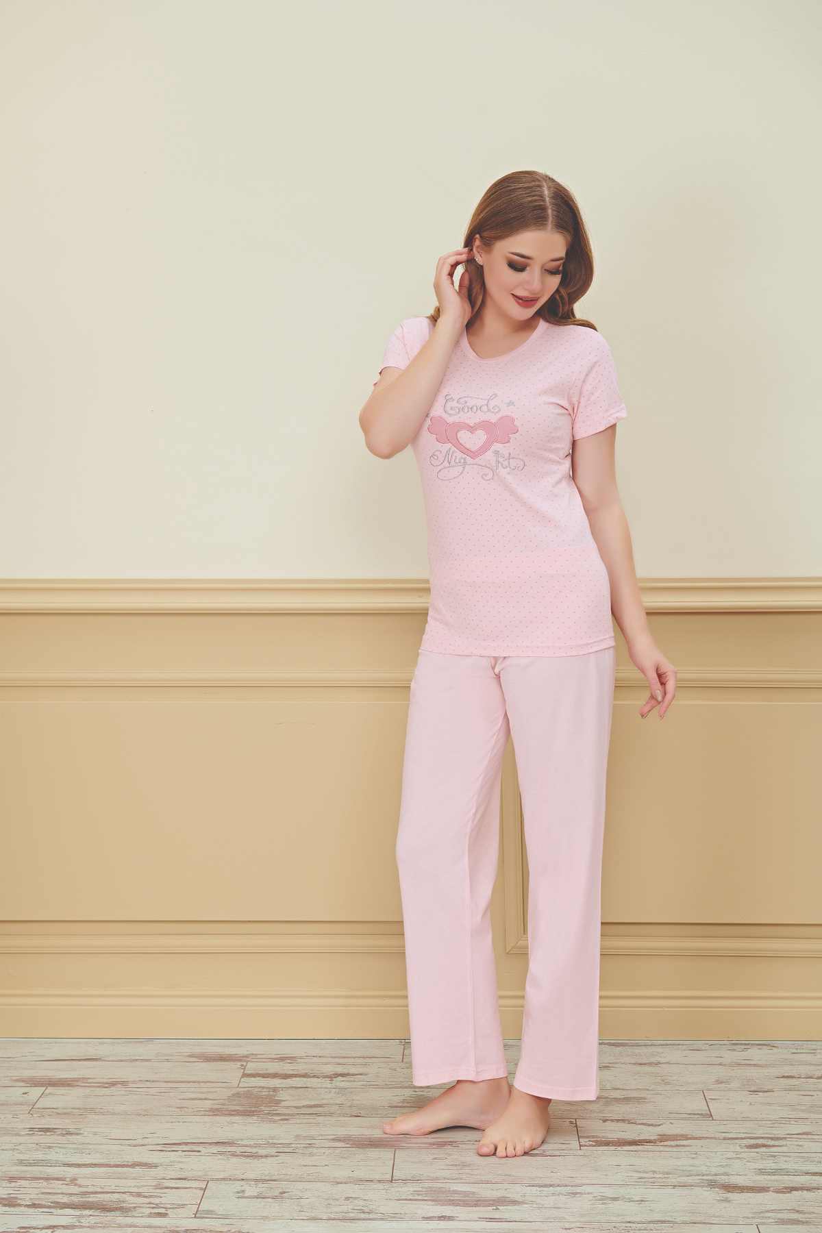 Fapi Kadın Pijama Takımı Kısa Kol Kalpli Good Night Baskı Penye - Pembe - Thumbnail