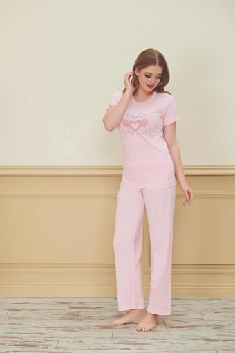 FAPİ - Fapi Kadın Pijama Takımı Kısa Kol Kalpli Good Night Baskı Penye - Pembe (1)