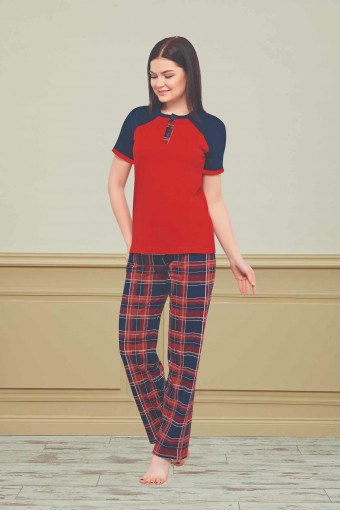 FAPİ - Fapi Kadın Pijama Takımı Kısa Kol Üç Düğme Ekose Desen Penye - Kırmızı