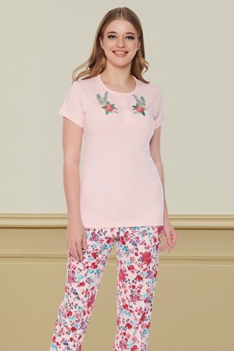 FAPİ - Fapi Kadın Pijama Takımı Kısa Kol Üç Düğmeli Çiçek Desen Penye - Açık Pembe (1)