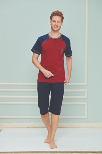 FAPİ - Fapi Kaprili Pijama Takımı Erkek Üç Düğmeli Süprem Kumaş - Bordo