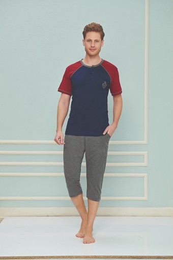 FAPİ - Fapi Kaprili Pijama Takımı Erkek Üç Düğmeli Süprem Kumaş - Lacivert