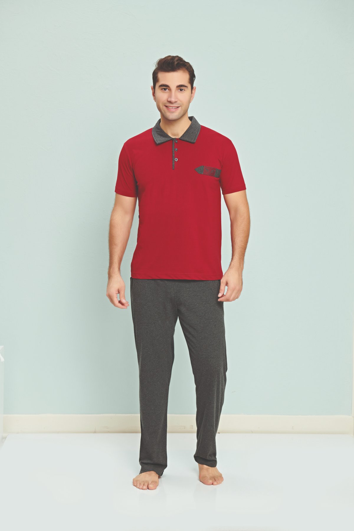 Fapi Kısa Kollu Pijama Takımı Erkek Pola Yaka Üç Düğmeli Süprem Kumaş - Bordo - Thumbnail