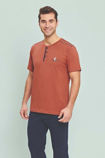 FAPİ - Fapi Kısa Kollu Kapri Takımı Erkek Üç Düğmeli Gemi Desenli - Mint Yeşili Süprem Kumaş - Kiremit