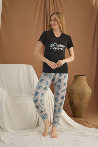 FAWN - Fawn Kadın Kısa Kollu Dar Paça Pijama Takımı Süprem - Siyah