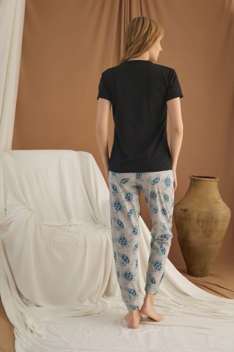 FAWN - Fawn Kadın Kısa Kollu Dar Paça Pijama Takımı Süprem - Siyah (1)