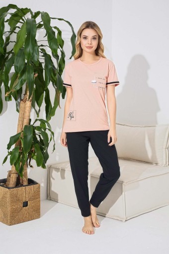 FAWN - Fawn Kadın Kısa Kollu Yuvarlak Yaka Pijama Takımı Süprem - Somon