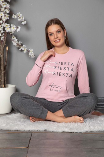 FAWN - Fawn Kadın Pijama Takımı More Fiesta Yazılı İnterlok - Pudra