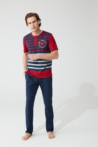 FEYZA - Feyza Erkek 2'li Pijama Takımı Yarım Kol Çizgili New York Desenli 3 Düğmeli Viskon Polyester