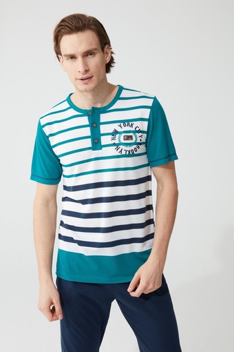 FEYZA - Feyza Erkek 2'li Pijama Takımı Yarım Kol Çizgili New York Desenli 3 Düğmeli Viskon Polyester (1)