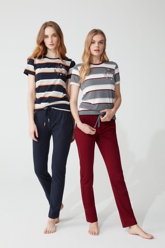 FEYZA - Feyza Kadın 2'li Pijama Takımı Yarım Kol Çizgili Çapa Desenli Pamuk Polyester (1)