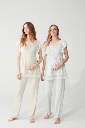 FEYZA - Feyza Kadın Lohusa 2'li Pijama Takımı Yarım Fırfırlı Tül Kol Etek Ucu Dantelli (1)
