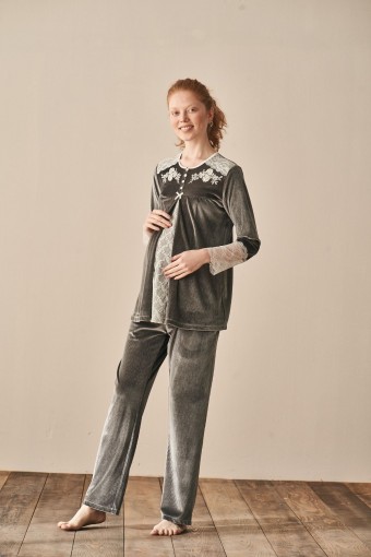 FEYZA - Feyza Kadın Lohusa Pijama Takımı Pilikaşeli Robalı Kol Dantelli