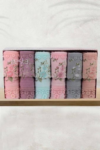 FIESTA - Fiesta Analı Kızlı Pamuklu Mona Soft Kadife Nakışlı Güpürlü 30x50 El Yüz Havlusu 50X90 Mutfak Havlusu Seti