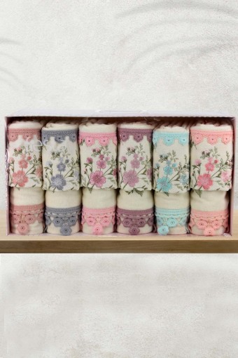 FIESTA - Fiesta Analı Kızlı Pamuklu Mona Soft Kadife Nakışlı Güpürlü 30x50 El Yüz Havlusu 50X90 Mutfak Havlusu Seti (1)