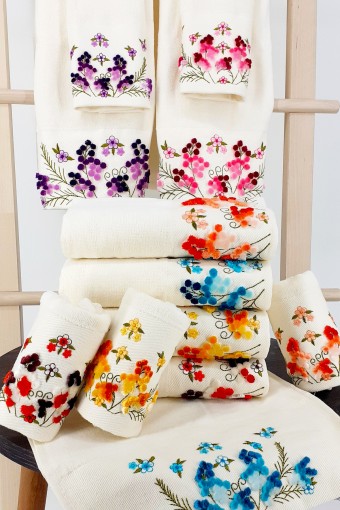 FIESTA - Fiesta El Yüz Havlusu Nakışlı Dallı Çiçekli Taftink Soft Kadife 50x90+30x50 (1)