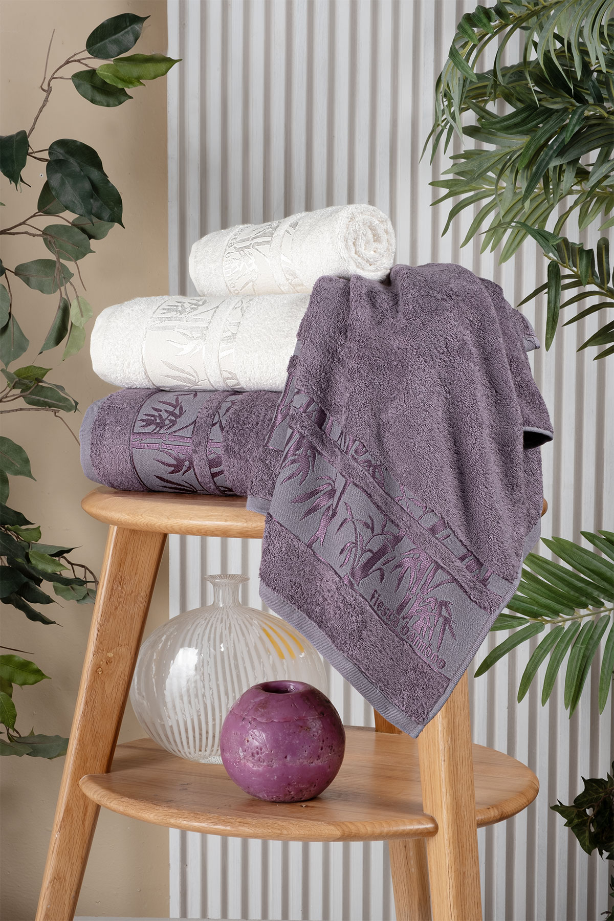 Fiesta Jakarlı 4 Parça Hamam Takımı Bambu - Thumbnail