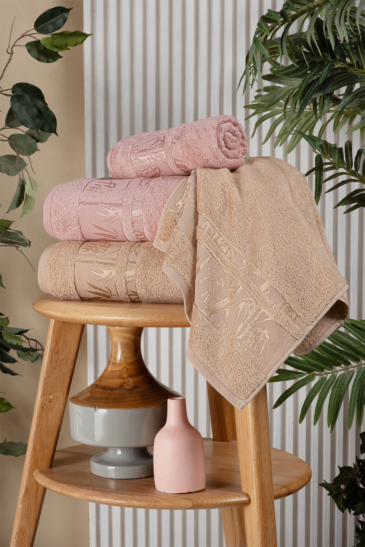 Fiesta Jakarlı 4 Parça Hamam Takımı Bambu - Thumbnail