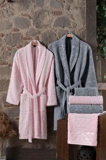 FIESTA - Fiesta Unisex Yetişkin Bornoz Seti Güpürlü 6 Parça