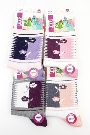 FIRST - First Kız Çocuk Soket Çorap Çiçek Desenli Pamuklu Likralı - Asorti - 9-10