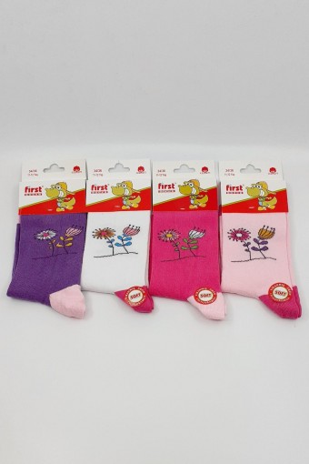 FİRST - First Kız Çocuk Soket Çorap Silikon Yıkamalı Çiçekli Kalp Desenli - Asorti - 9 (1)