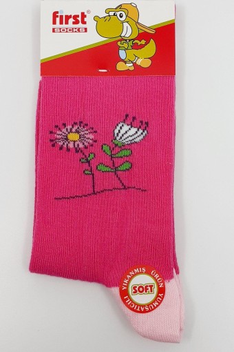 FIRST - First Kız Çocuk Soket Çorap Silikon Yıkamalı Çiçekli Kalp Desenli - Asorti - 9
