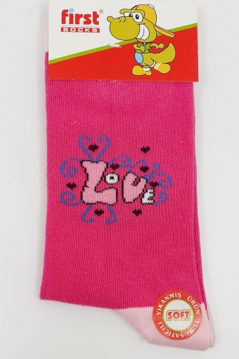 FIRST - First Kız Çocuk Soket Çorap Yıkamalı Love Desenli Likralı - Asorti - 11 (1)