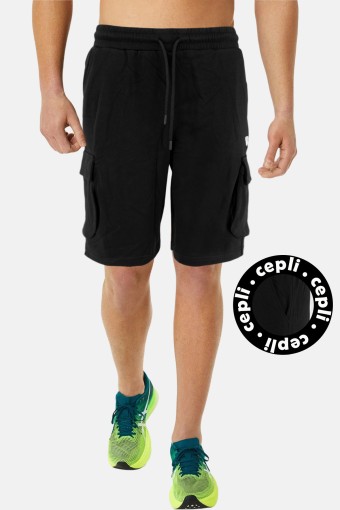 FM TEKSTİL - FM Tekstil Erkek Tek Alt Şort Beli Latikli Bağcıklı Cepli Ve Yanları Kargo Cep Detaylı Pamuklu - Siyah