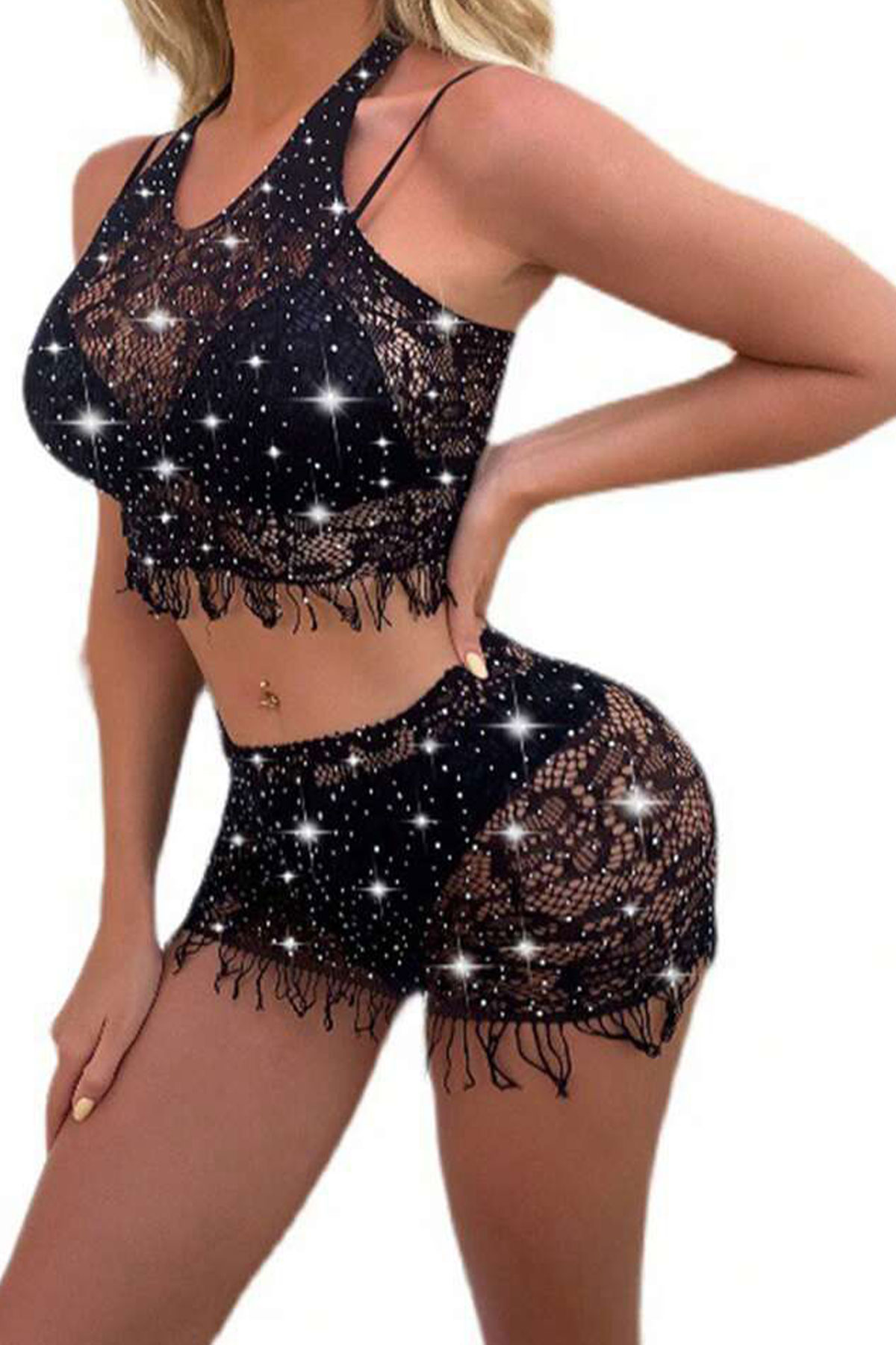 For Dreams Kadın Vücut Çorabı Taşlı Kısa Püsküllü - Thumbnail