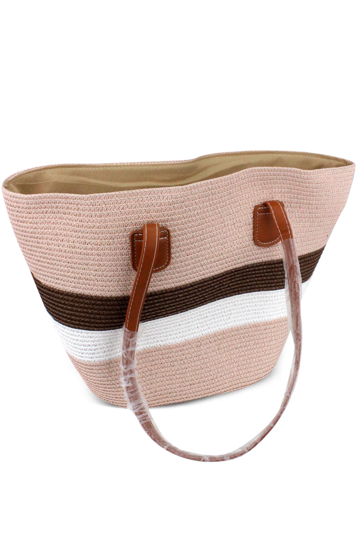 Forum Plaj Çantası Hasır Deri Saplı Fermuarlı - Thumbnail