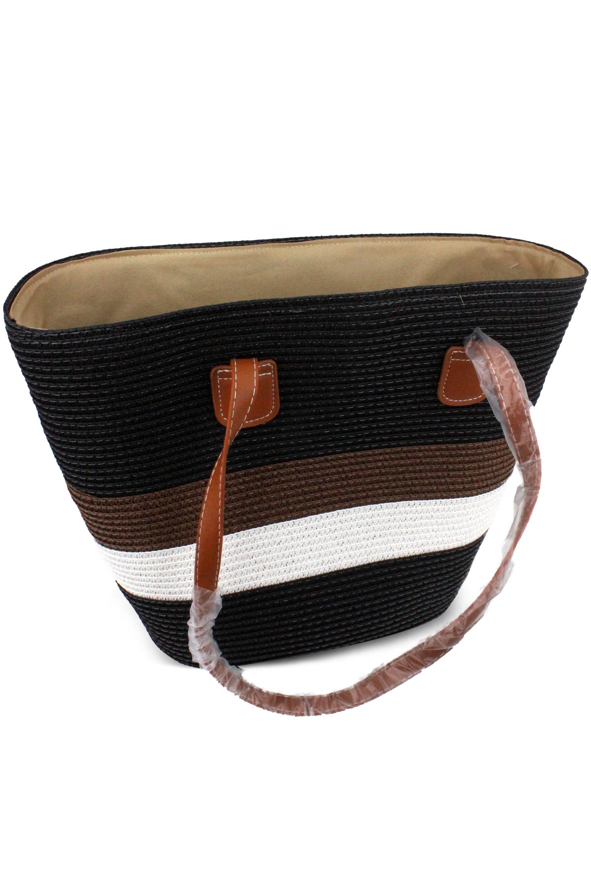 Forum Plaj Çantası Hasır Deri Saplı Fermuarlı - Thumbnail