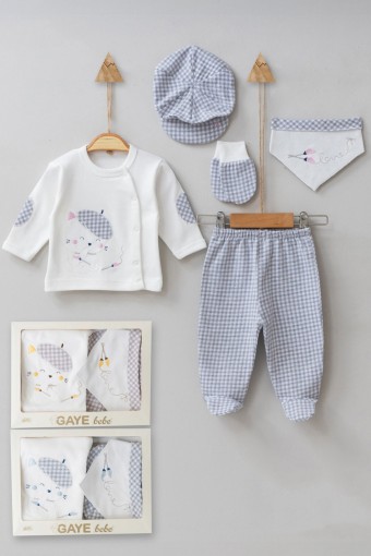 GAYE - Gaye Unisex Bebek Pamuklu 5'li Zıbın Seti Ekose Kedi Desen