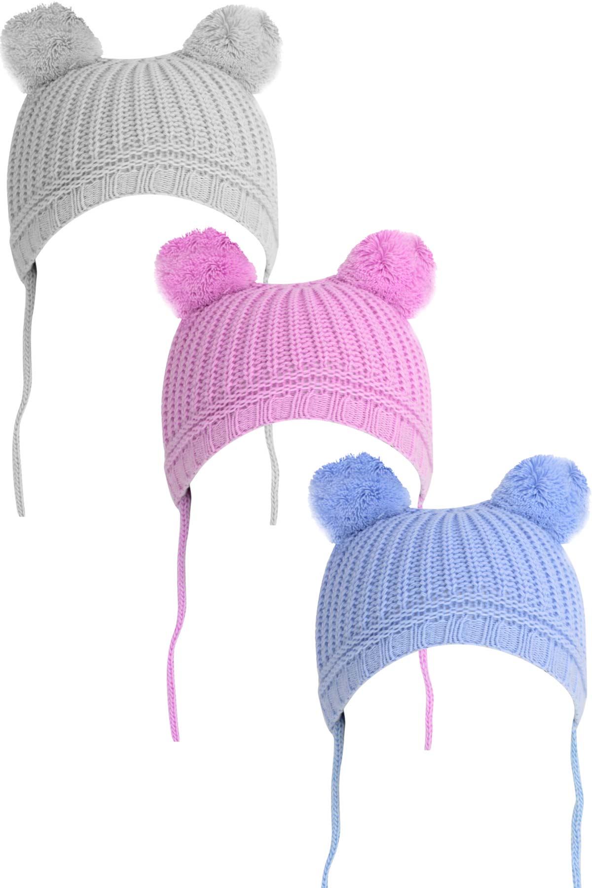 İlkcemre Bebek Çift Ponponlu İpli Triko Bebe Bere - Thumbnail