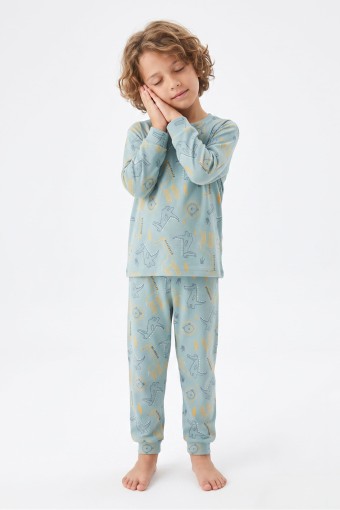 İSOBEL - İsobel Erkek Çocuk Pijama Takımı Uzun Kollu Aslan Timsah İnterlok - Turkuaz