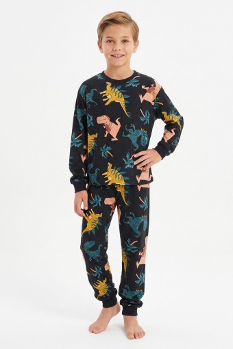 İSOBEL - İsobel Erkek Çocuk Pijama Takımı Uzun Kollu Dinazor Desenli Süprem - Siyah