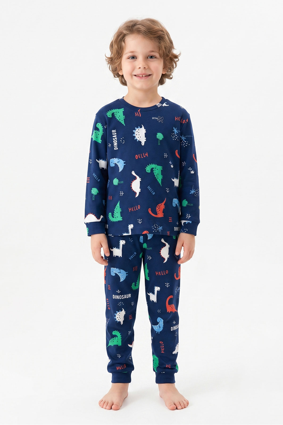 İsobel Erkek Çocuk Pijama Takımı Uzun Kollu Dino-Kaplumbağa Desenli Pamuklu - Lacivert - Thumbnail