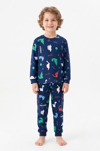 İSOBEL - İsobel Erkek Çocuk Pijama Takımı Uzun Kollu Dino-Kaplumbağa Desenli Pamuklu - Lacivert