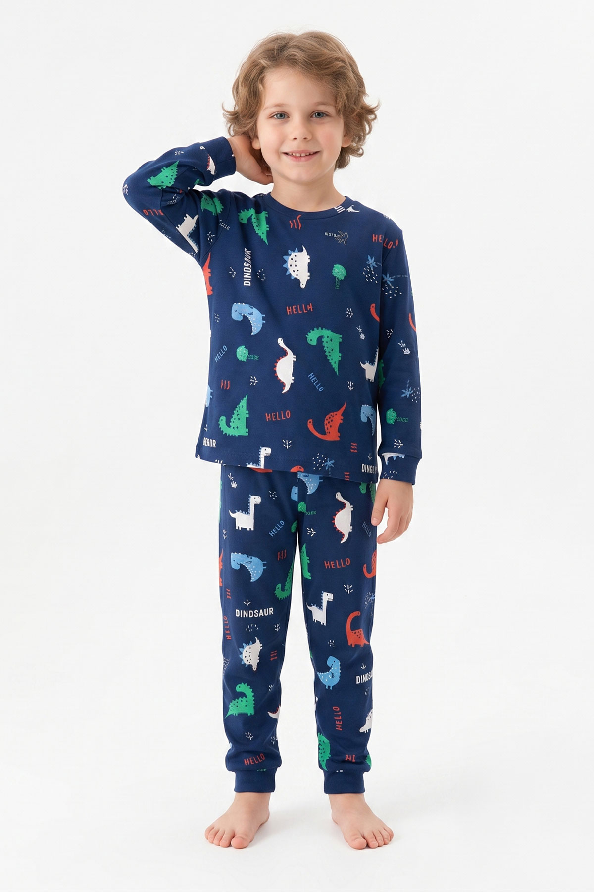 İsobel Erkek Çocuk Pijama Takımı Uzun Kollu Dino-Kaplumbağa Desenli Pamuklu - Lacivert - Thumbnail