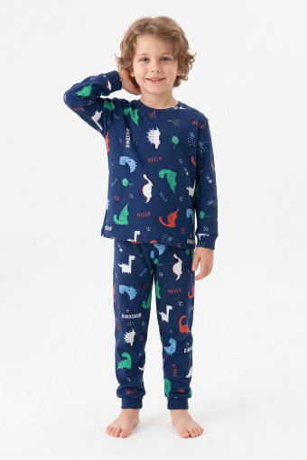 İSOBEL - İsobel Erkek Çocuk Pijama Takımı Uzun Kollu Dino-Kaplumbağa Desenli Pamuklu - Lacivert (1)