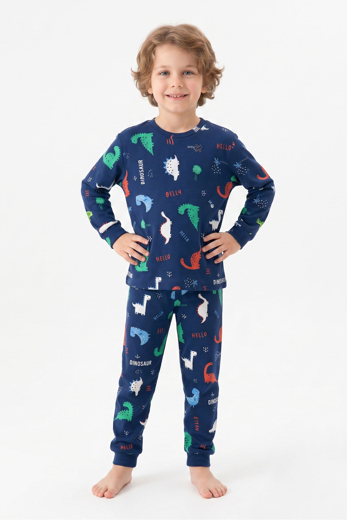 İsobel Erkek Çocuk Pijama Takımı Uzun Kollu Dino-Kaplumbağa Desenli Pamuklu - Lacivert - Thumbnail