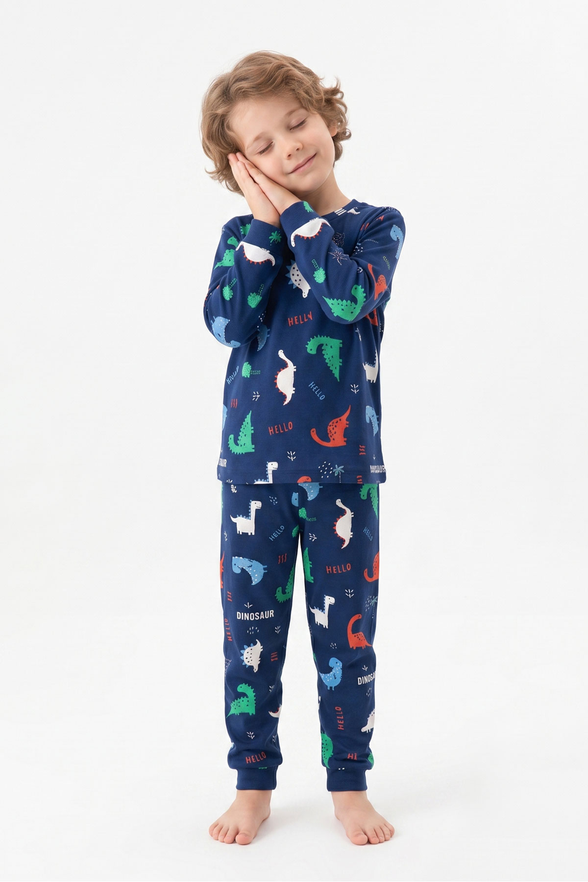 İsobel Erkek Çocuk Pijama Takımı Uzun Kollu Dino-Kaplumbağa Desenli Pamuklu - Lacivert - Thumbnail