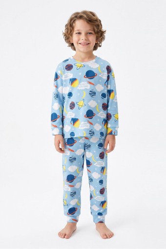 İSOBEL - İsobel Erkek Çocuk Pijama Takımı Uzun Kollu Gezegen Desenli Pamuklu - Mavi
