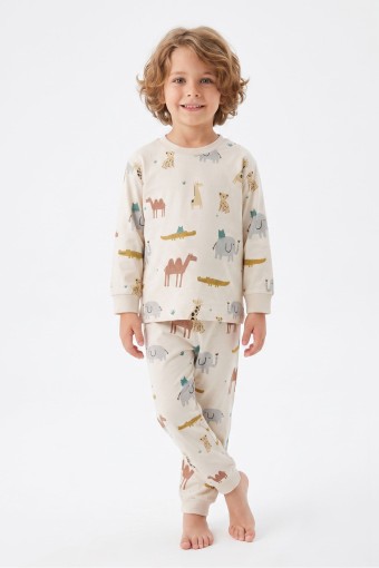 İSOBEL - İsobel Erkek Çocuk Pijama Takımı Uzun Kollu Safari Desen Süprem - Bej