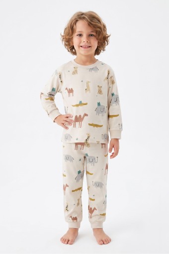 İSOBEL - İsobel Erkek Çocuk Pijama Takımı Uzun Kollu Safari Desen Süprem - Bej (1)