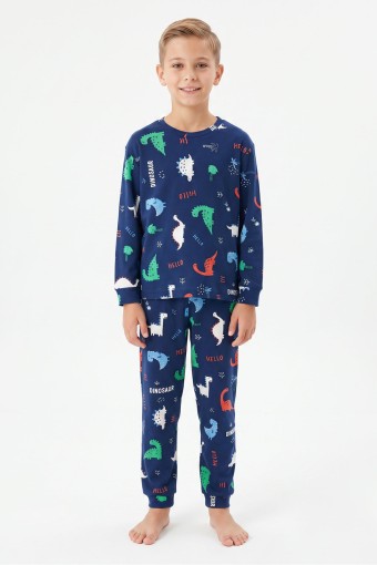 İSOBEL - İsobel Erkek Garson Pijama Takımı Uzun Kollu Dino-Kaplumbağa Desenli - Lacivert
