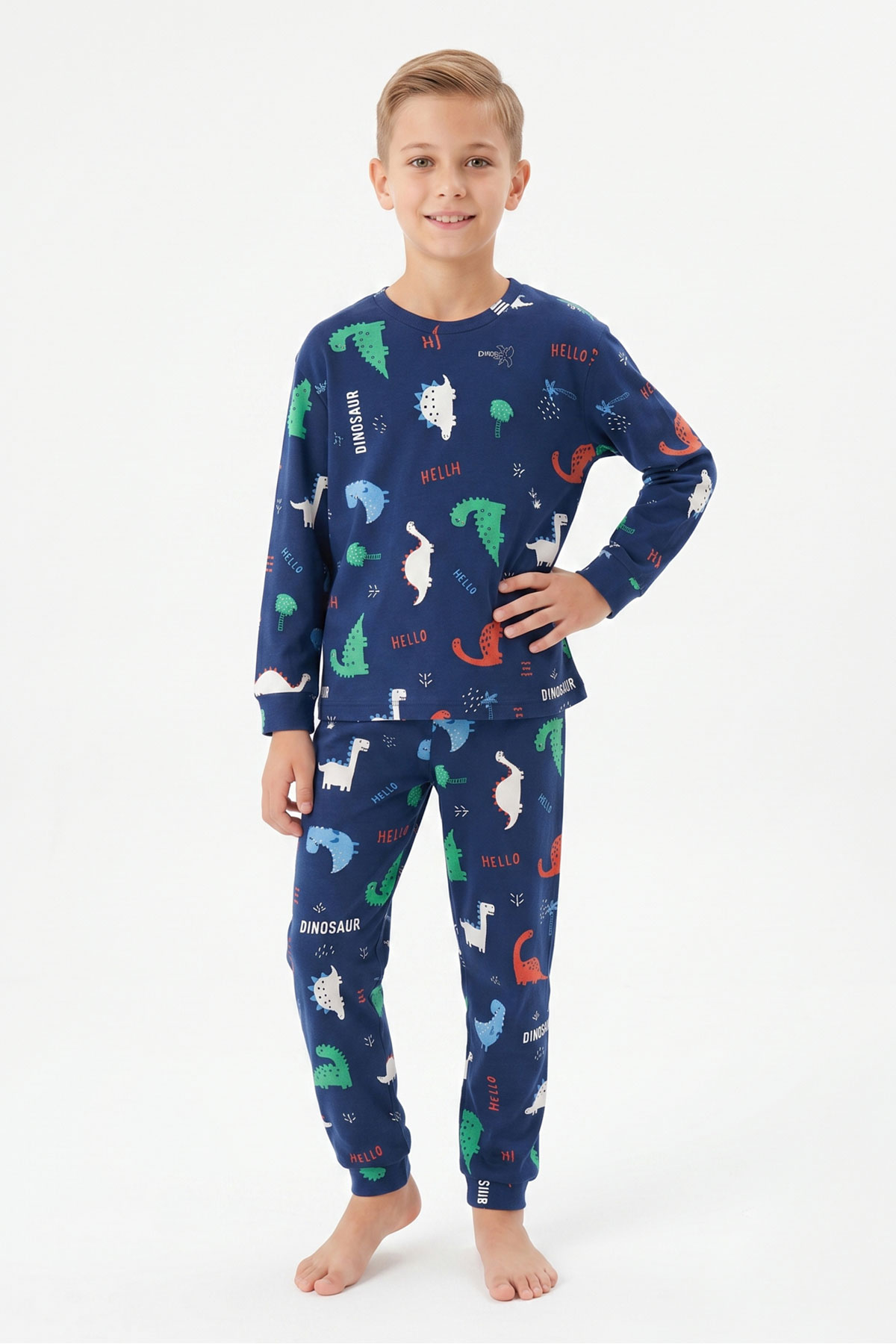 İsobel Erkek Garson Pijama Takımı Uzun Kollu Dino-Kaplumbağa Desenli - Lacivert - Thumbnail